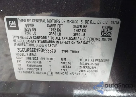 2015 Chevrolet Silverado 1500 2Lz from USA, damaged, VIN 3GCUKSEC1FG523879